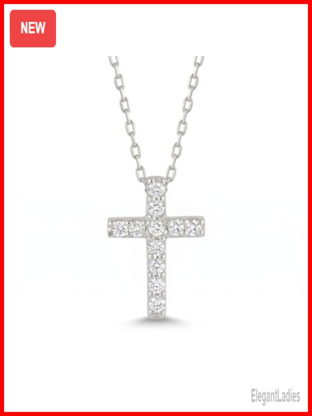 Dainty Pave Diamond Cross Necklace 14K Solid White Gold 18 Inch Chain